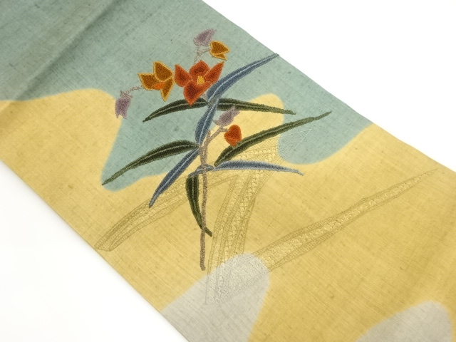 JAPANESE NAGOYA OBI / TSUMUGI / EMBROIDERY / FLOWER